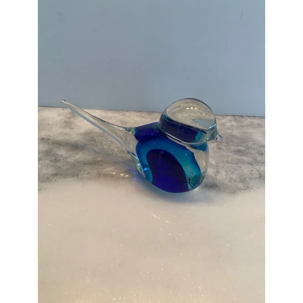 Art Glass Bluebird Figurine Paperweight Clear Outside Blue And Black Inside